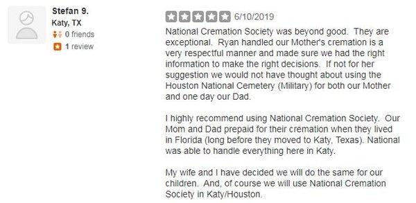 5 Star Review for National Cremation Houston, TX