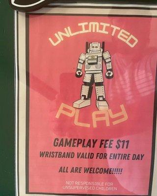 $11 for all-day game play. It's a weird number but there are several pinball machines.