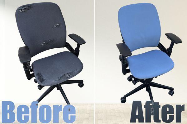 Reupholstery before and after for an office chair!