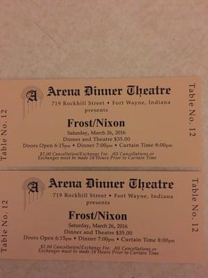 And here are our two tickets to Frost/Nixon. There's not a bad seat in the house. There are 14 tables and a total capacity of ~100.