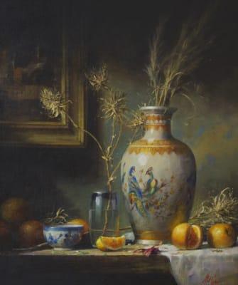 Oriental Vase, Blue Bowl and Oranges 20x17" Oil Artist Mat Grogan