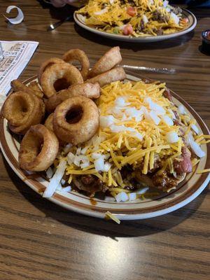 Chili cheese dogs , onion rings