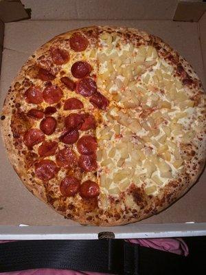 Large half pepperoni/half double pineapple.