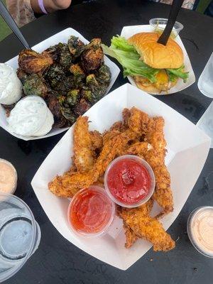 Chicken Tenders, Fried Brussels Sprouts, The Moo Moo Beef Burger