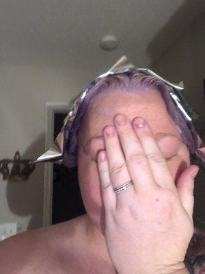 Toning my hair with T18 toner. Yes once again a purple that I know will turn my hair..... PURPLE.