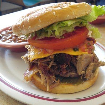 bacon cheeseburger with Pico de Gallo and Boston Butt