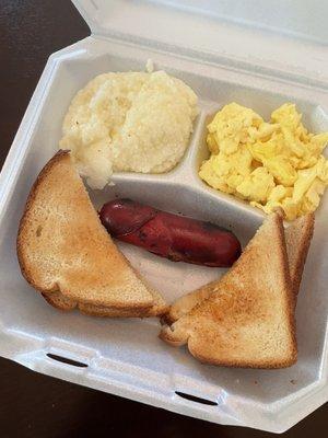 Sausage, grits, eggs and toast