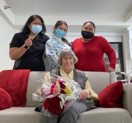 Caregivers (Allyssa, Diana, and Gem) celebrating Mother's Day with their client