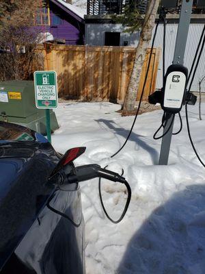 Electric Vehicle chargers available in the parking lot.