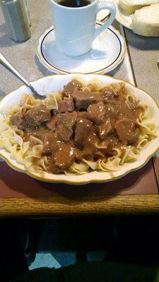 Tuesday dinner special - beef tips over noodles.