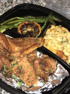 Truffle Fried Chicken Wings dinner with asparagus & Mac & Cheese