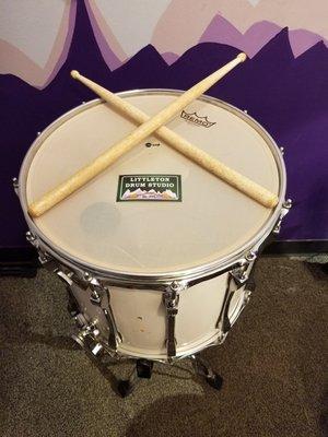 A classic 1970's marching snare drum, equipped with Silent Stroke drum heads for ease of playing in the studio.