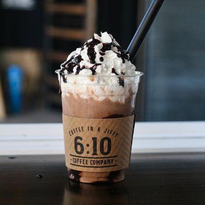 This is the signature 6:10 Oil Slick frappe - the shop was formally a Jiffy Lube. You can also get this iced or hot. So good!