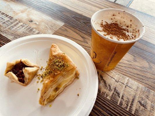 Sahlab, pistachio baklava, shableh