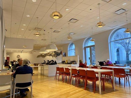 Cafe seating in museum basement