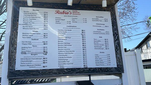 Rubies drive thru menu as of 3/29/23