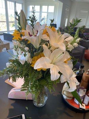 Mother's day arrangement after several days,,,Lily blooms have burst open