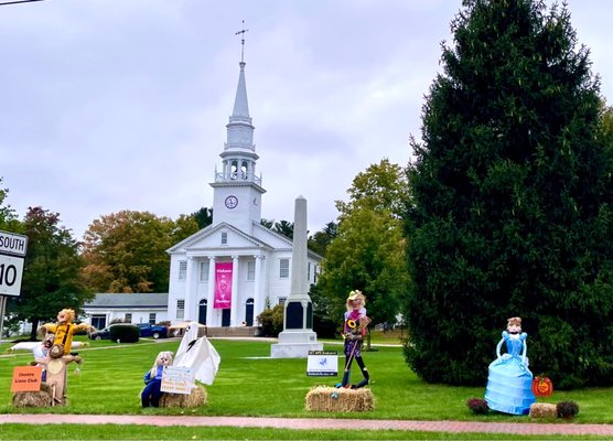 Town green in front of the church with Halloween decorations - oct 2021