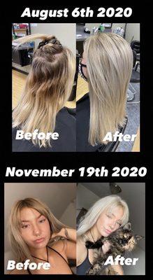 Before & after pictures  August 6th 2020- hair done by Brianna  November 19th 2020- hair done by Stacy