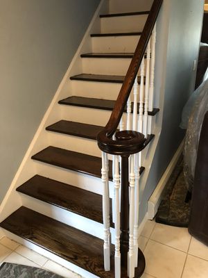 Dark Walnut stain, sanded and refinished staircase