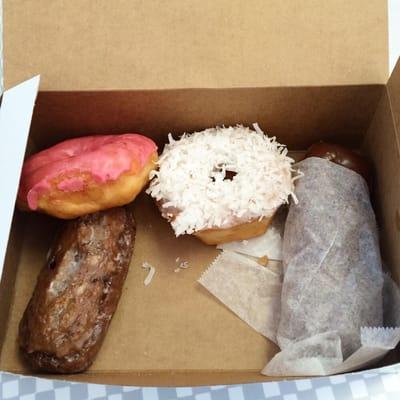 Strawberry Iced, Coconut Iced, and Blueberry Stick Donuts