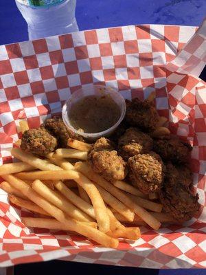 Mahi Bites, fries and pineapple sauce