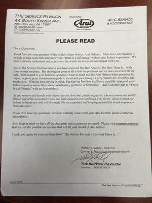 This is the nice letter I received  with my Arai in the mail. The first time any motorcycle shop has sent me something. Nice touch.