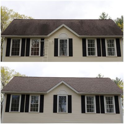 Dramatic results cleaning this shingle roof in Pelham New Hampshire free estimates 978-995-3110