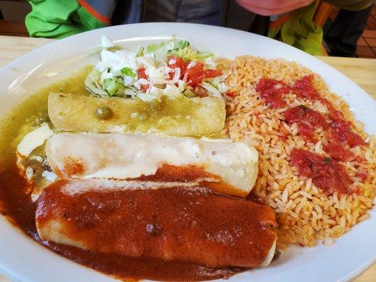 Enchiladas Bandera! Cheese enchilada w/chili verde, chicken enchilada w/cheese sauce, and beef enchilada w/red mole sauce (I beleive).