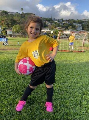 Shoes, socks, shin guards, shorts, and ball from Xtreme Soccer.