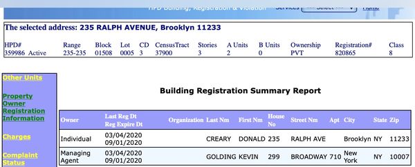 The owner and managing agent, Donald Creary and Kevin Golding, have a total of 39 HPD violations.