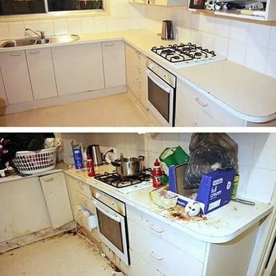 This is a before and after cleaning picture of a kitchen