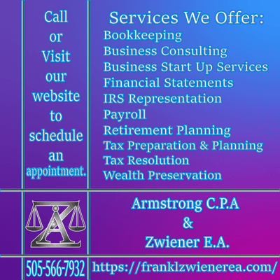 Our services include Bookkeeping, Business consultation, Business start up, Financial statements, IRS representation, Tax Prep & More!