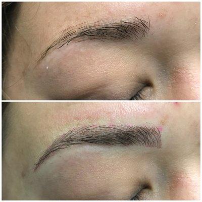 Before and after initial microblading appointment