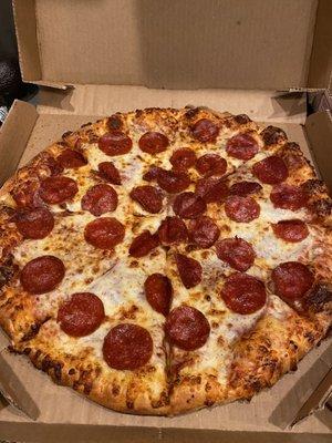 Large pepperoni and salami pizza.