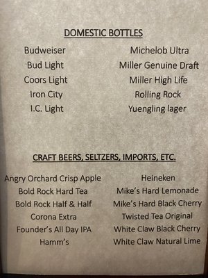 Bottled beer list