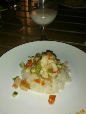 Scallop, lychee chutney, jasmine rice paired w/ Nigori (cloudy) Sake (sah keh) for Club Culinaire. 2013-10-14