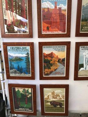 Several of Retro Ranger Graphics'   National Park prints, framed.