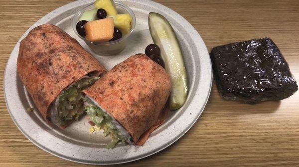 Turkey bacon club wrap with fresh fruit and a brownie