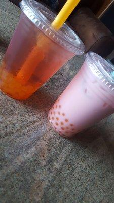 Strawberry Italian soda with mango bubbles and Huckleberry with cream Italian soda and mango bubbles.