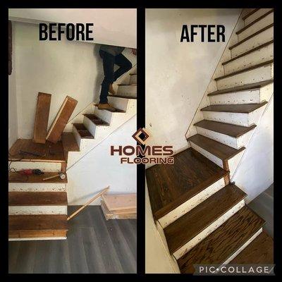 replace treed steps and sand finishing 1 coat stain jacoben and 3 coat polys