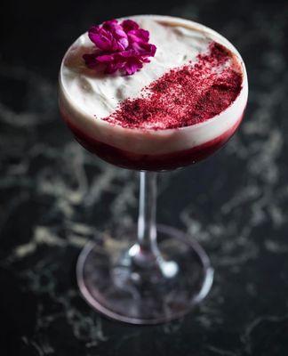 Across the Line - altos reposado, pomegranate hibiscus, rhubarb bitters, elderflower foam