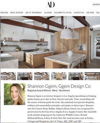 This beautiful kitchen we designed on an Avocado Ranch near Los Angeles was featured in AD, as a Thermador Design Challenge winner.