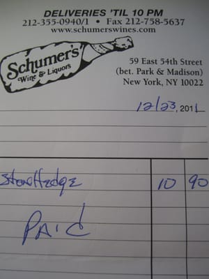 Hand written sales receipt for Stonehedge 2008 California Cabernet Sauvignon at $10.90