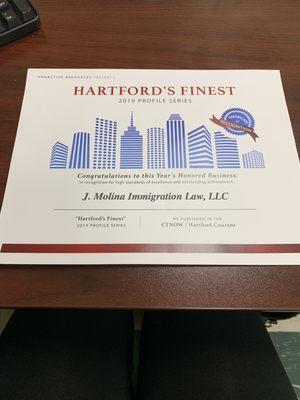 J. Molina Immigration Law LLC was selected as one of "Hartford's Finest 2019".