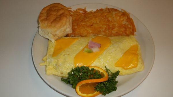 Western Omelet with Golden Hash Browns and a Biscuit