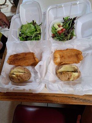 Catfish. Baked potato and salad.