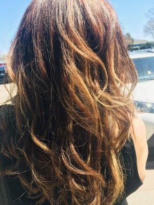 Dawn B's hair after service. Beautiful golden brown with subtle balayage technique to order.