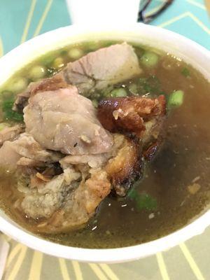 Lechon (Filipino roast pig) soup noodles. Pretty good. I like the skin of the lechon so I was given extra skin.  Soup was decent.