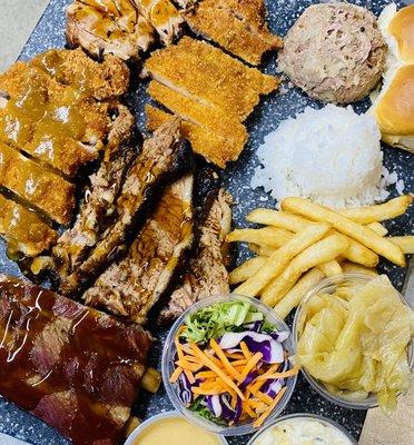 Sample of Island Favorites! Kalua Pork, Teriyaki Chicken, Katsu, Pork Ribs and assorted sides